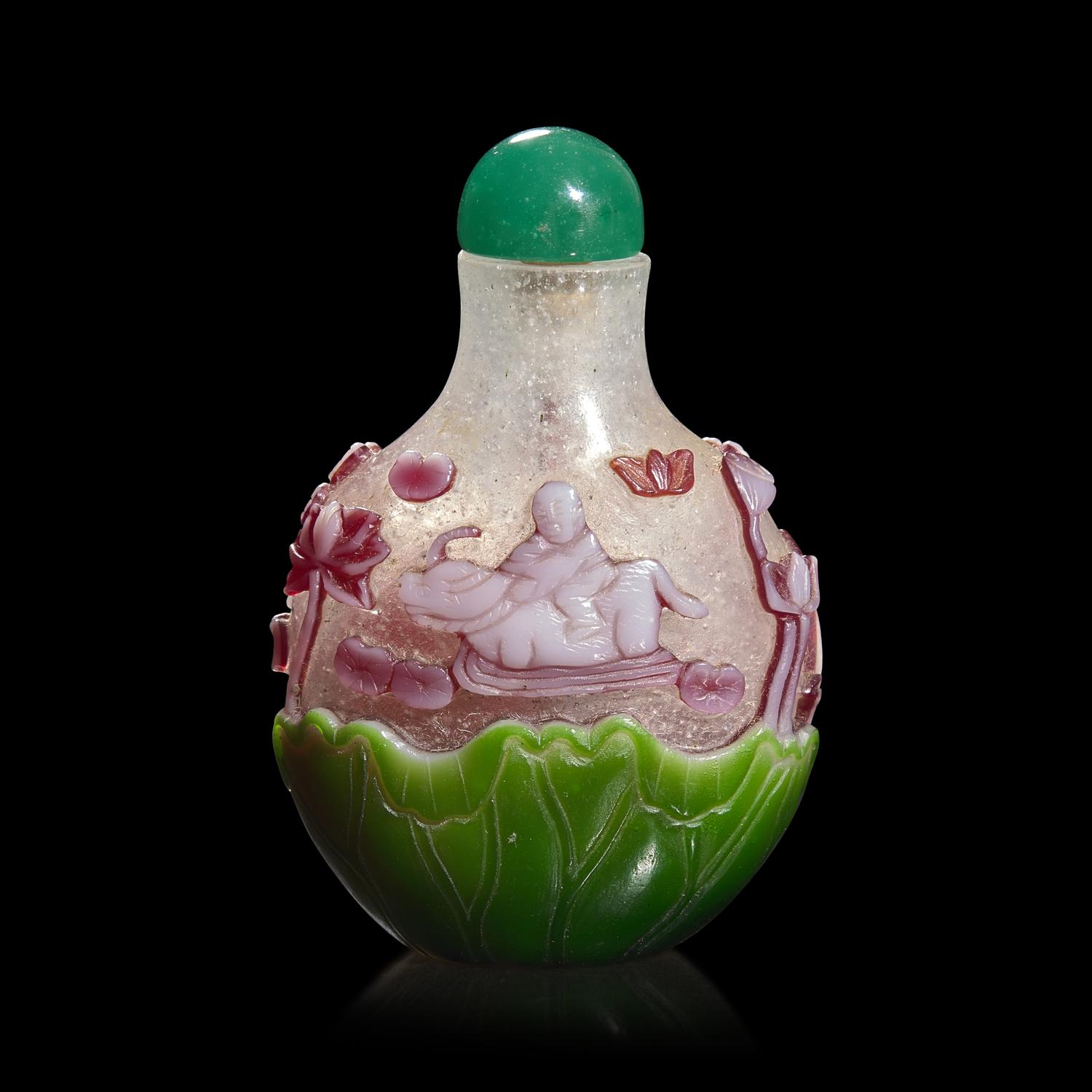 A Chinese Three Color Overlay "Boy and Oxen" Snuff Bottle