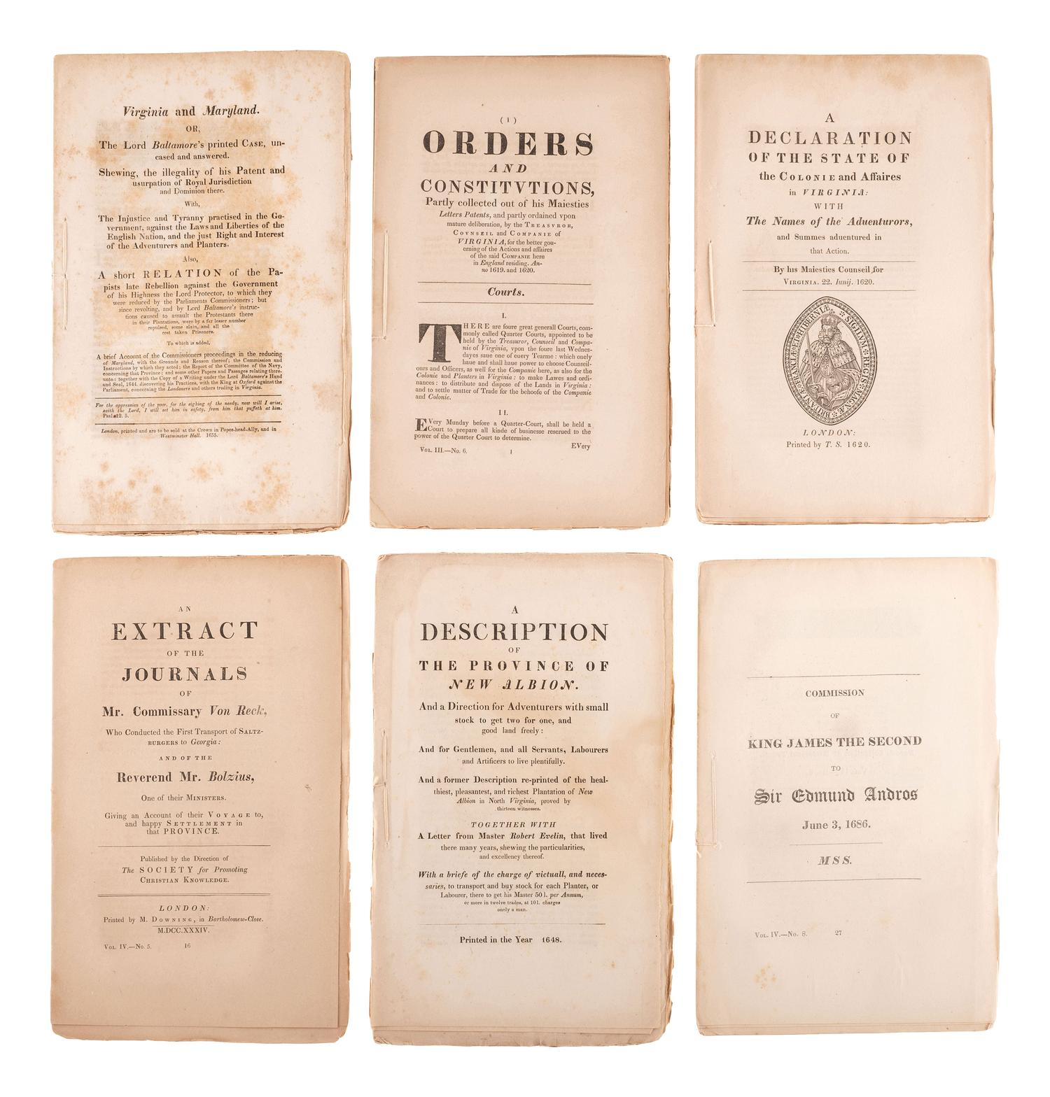 [COLONIAL IMPRINTS]. A collection of 23 mid-19th-century reprints of colonial pamphlets and manuscripts by Peter FORCE, comprising.