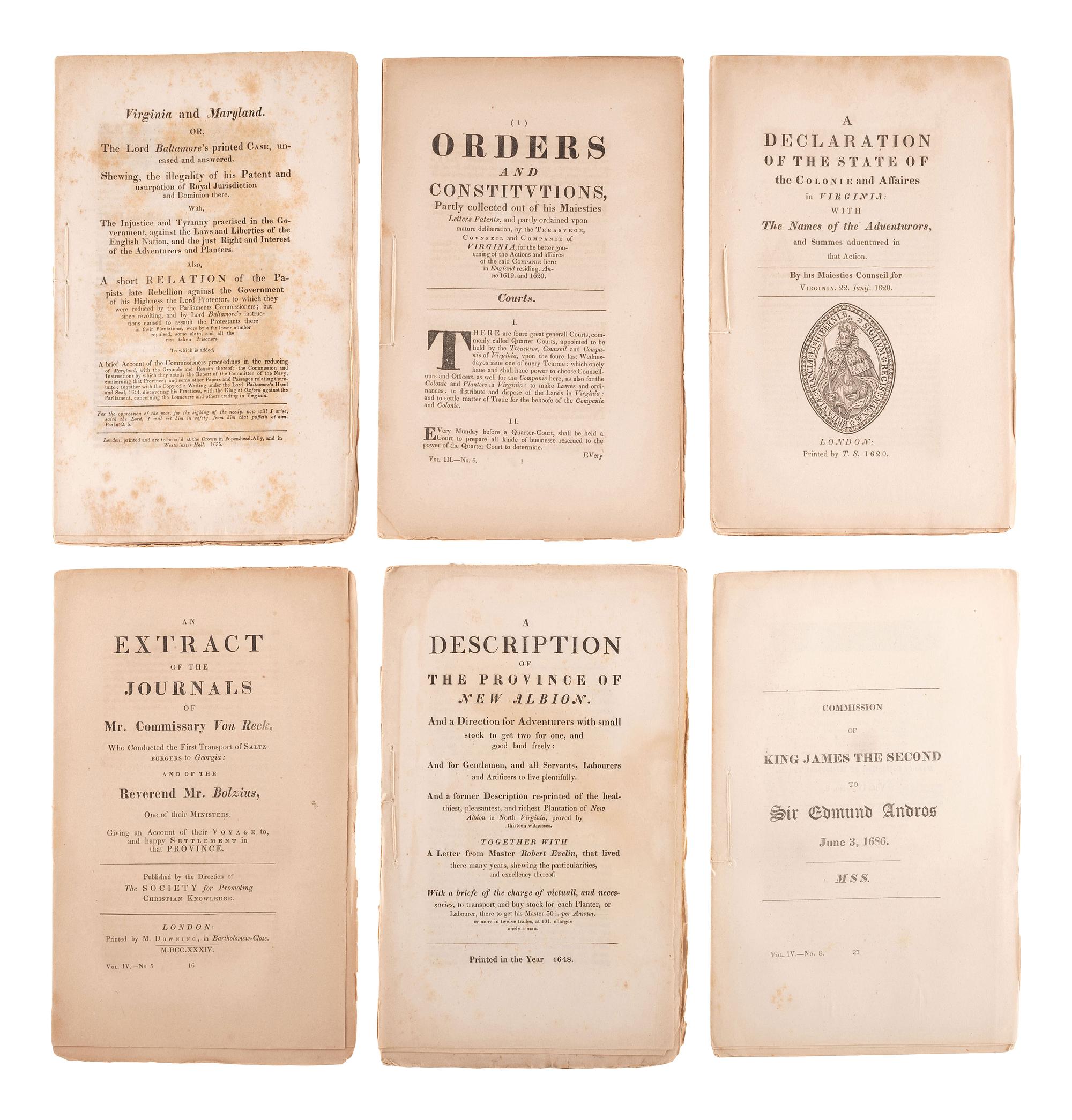 [COLONIAL IMPRINTS]. A collection of 23 mid-19th-century reprints of colonial pamphlets and manuscripts by Peter FORCE, comprising.
