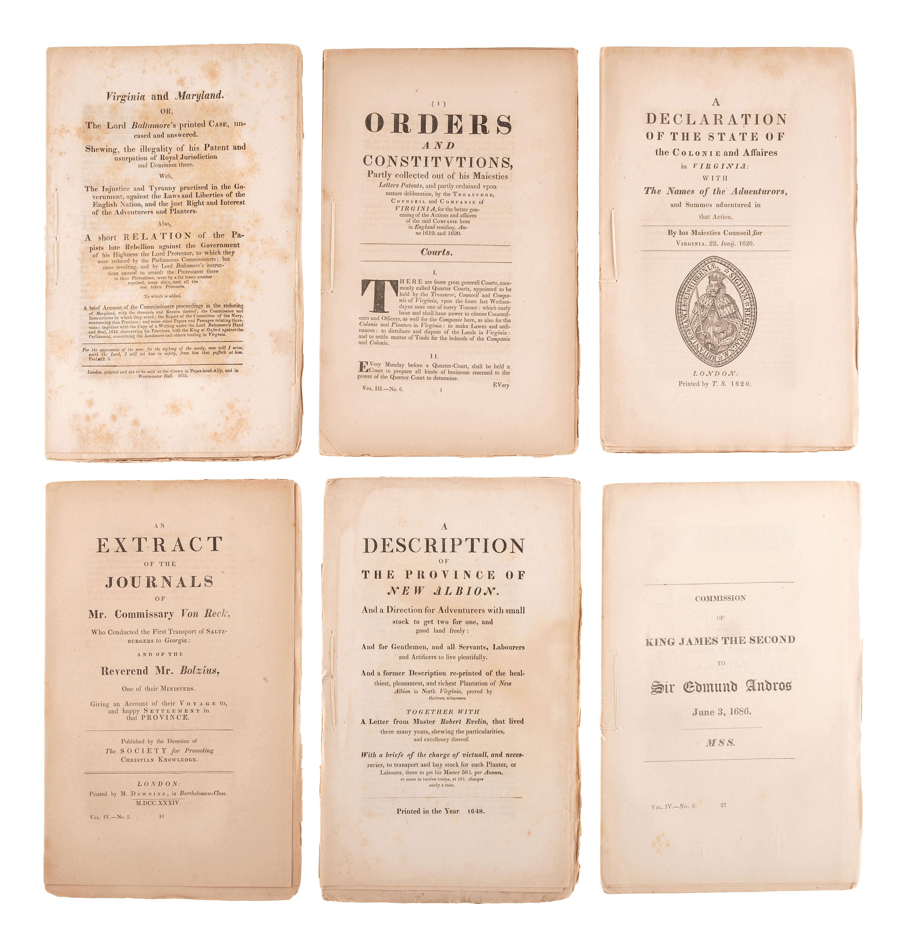 [COLONIAL IMPRINTS]. A collection of 23 mid-19th-century reprints of colonial pamphlets and manuscripts by Peter FORCE, comprising.