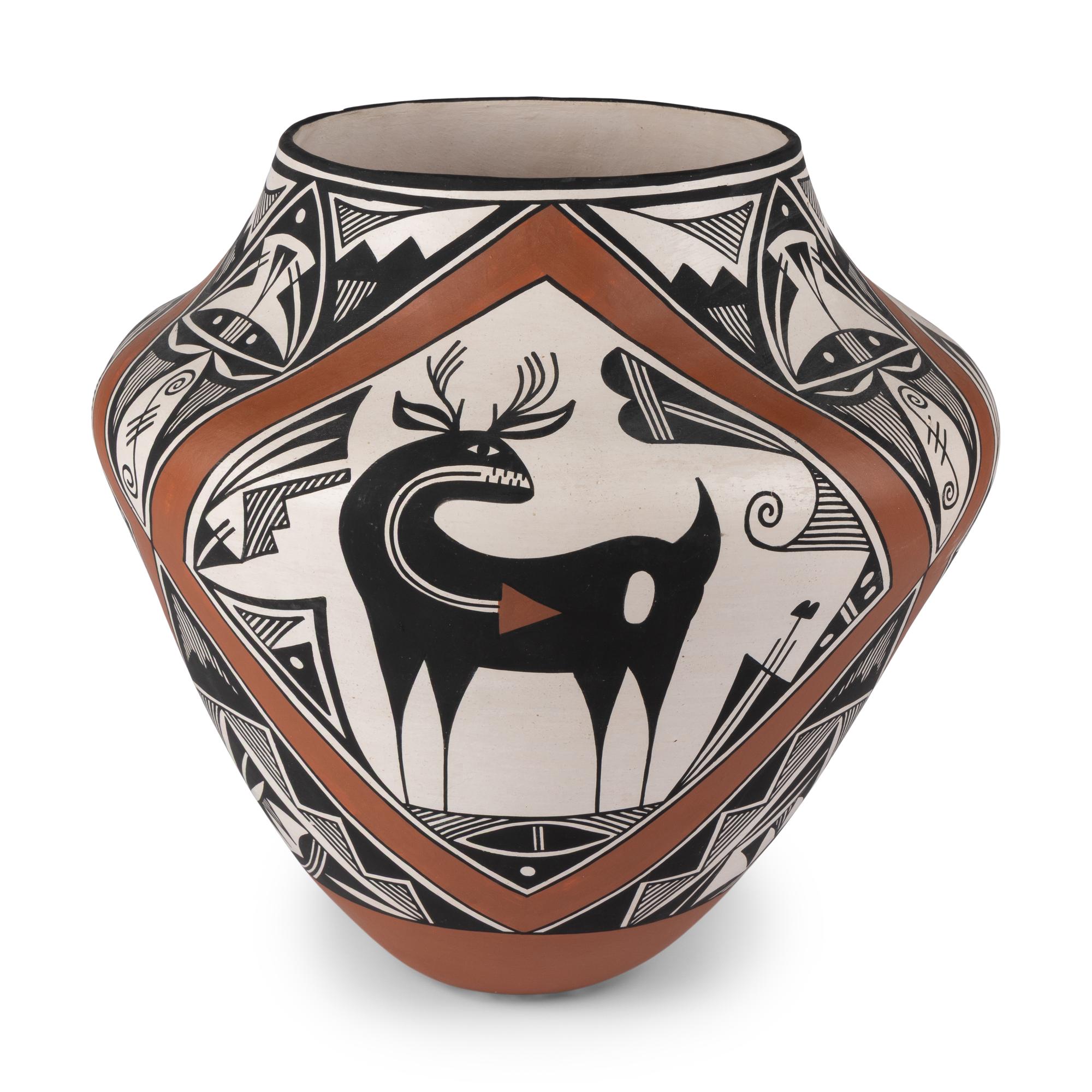 Wilfred Garcia (Acoma, 1954-2018) — Polycrome Pottery Olla, with Heartline Deer