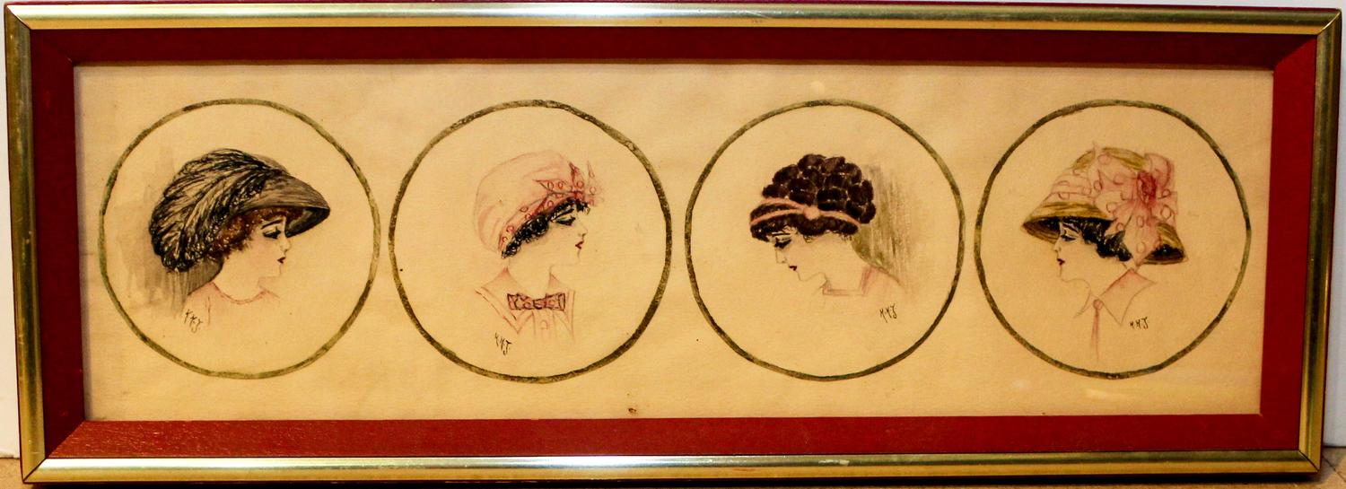 A Framed Milliner's Illustration. 5 1/2 x 15 inches (framed).