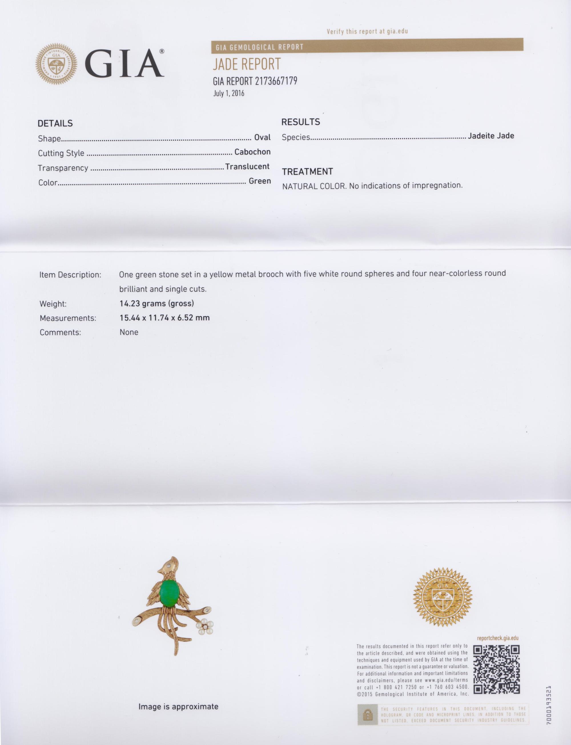 A Yellow Gold, Jadeite Jade, Cultured Pearl and Diamond Bird Brooch, 9.20 dwts.