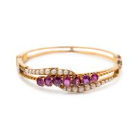 RUBY, GARNET AND CULTURED PEARL BANGLE BRACELET