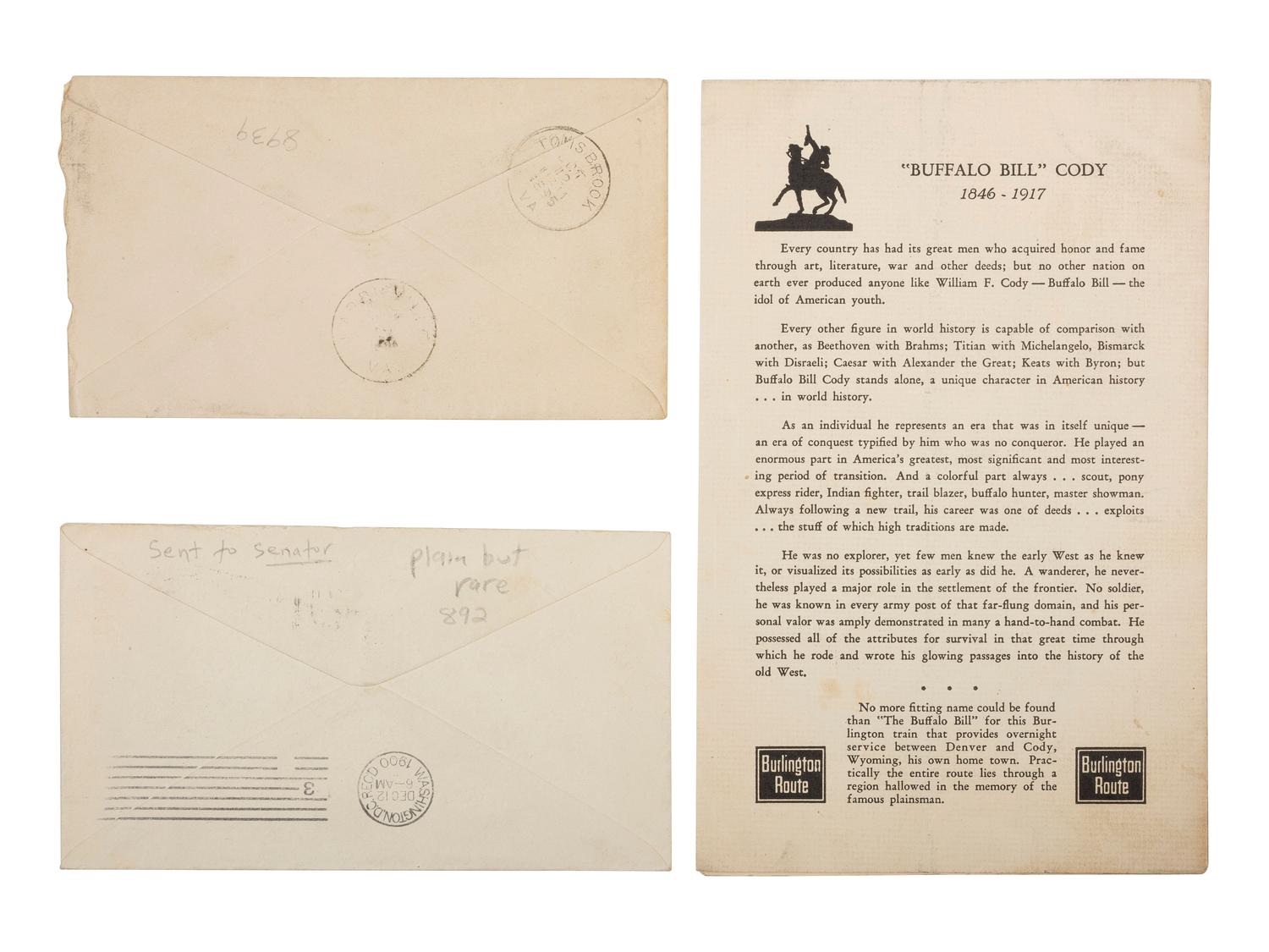 [WILD WEST SHOWS] -- [CODY, William F. "Buffalo Bill" (1846-1917)]. A group of 6 items, incl. programs advertising Buffalo Bill's Wild West show and cover promoting Jim Kid's Wild West and Hippodrome.