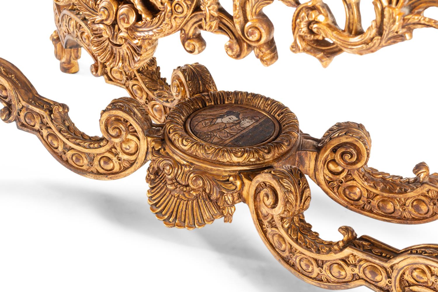 A Louis XIV Style Giltwood and Chinese Lacquer-Inset Salon Table