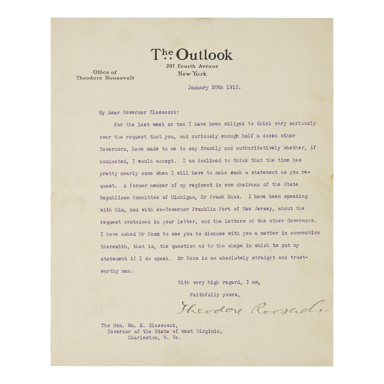 [Presidential] Roosevelt, Theodore. Typed Letter, signed