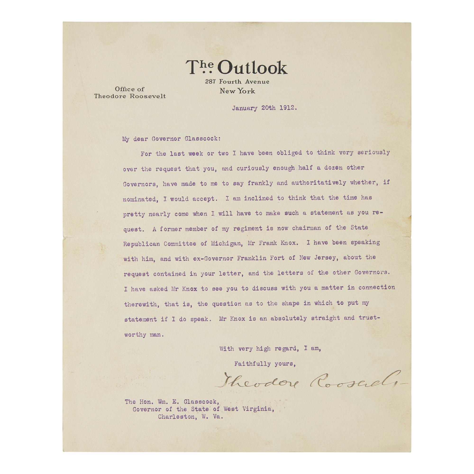 [Presidential] Roosevelt, Theodore. Typed Letter, signed