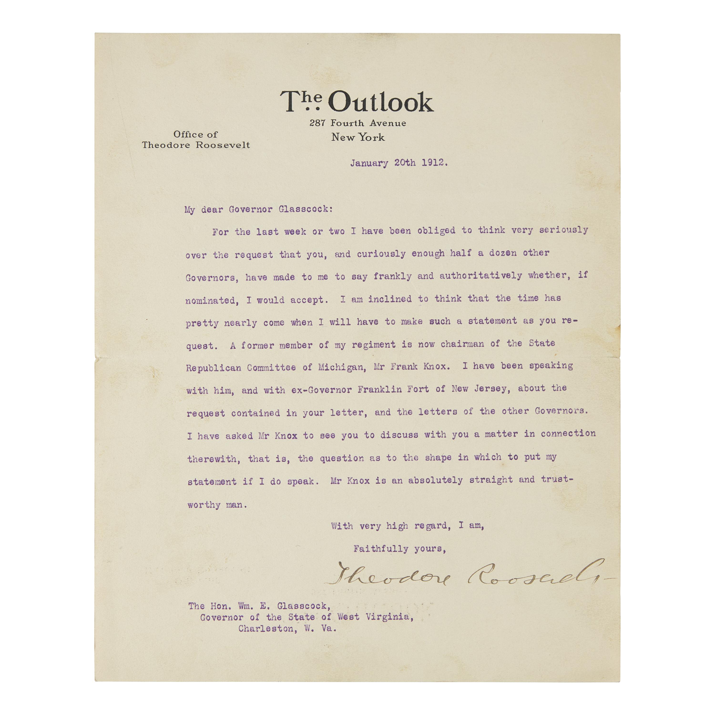 [Presidential] Roosevelt, Theodore. Typed Letter, signed