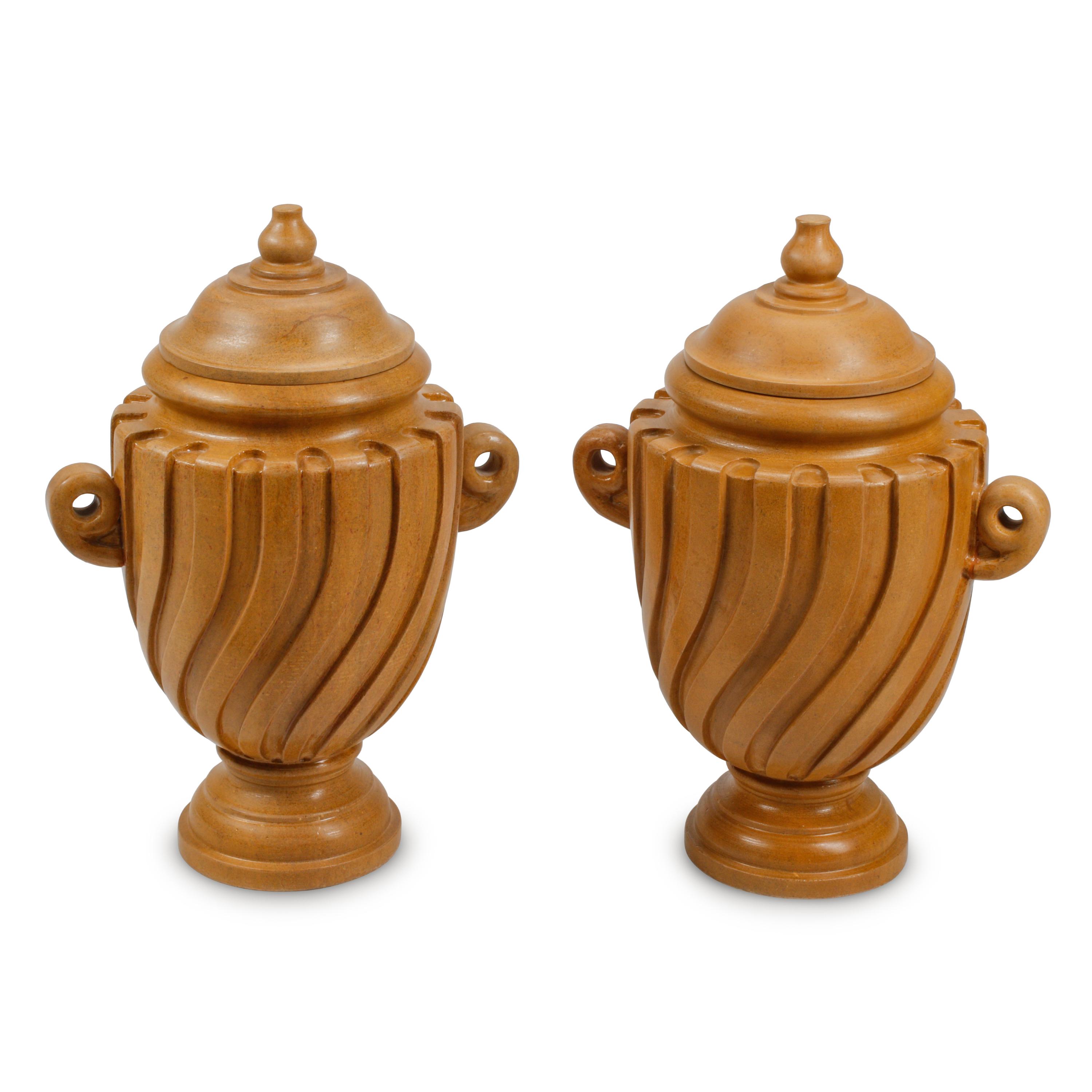 A Pair of Italian Siena Marble Fluted Urns with Covers