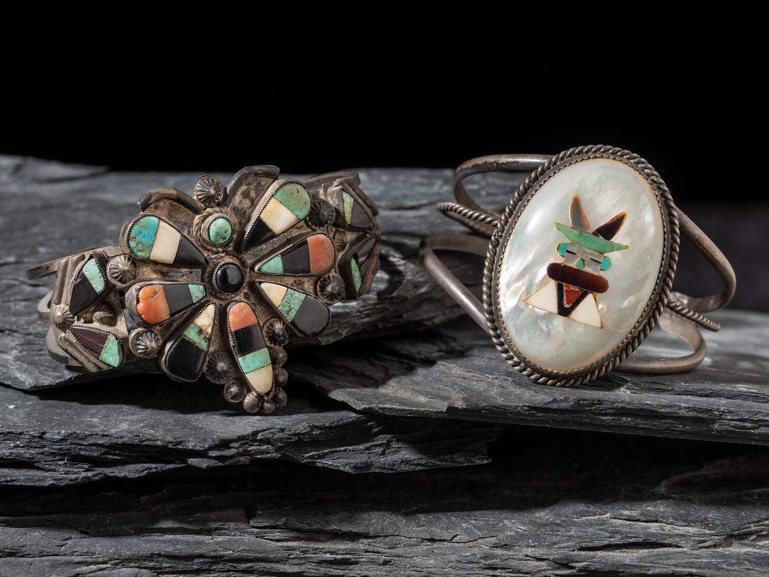 Pair of Zuni Mosaic Inlay Cuff Bracelets