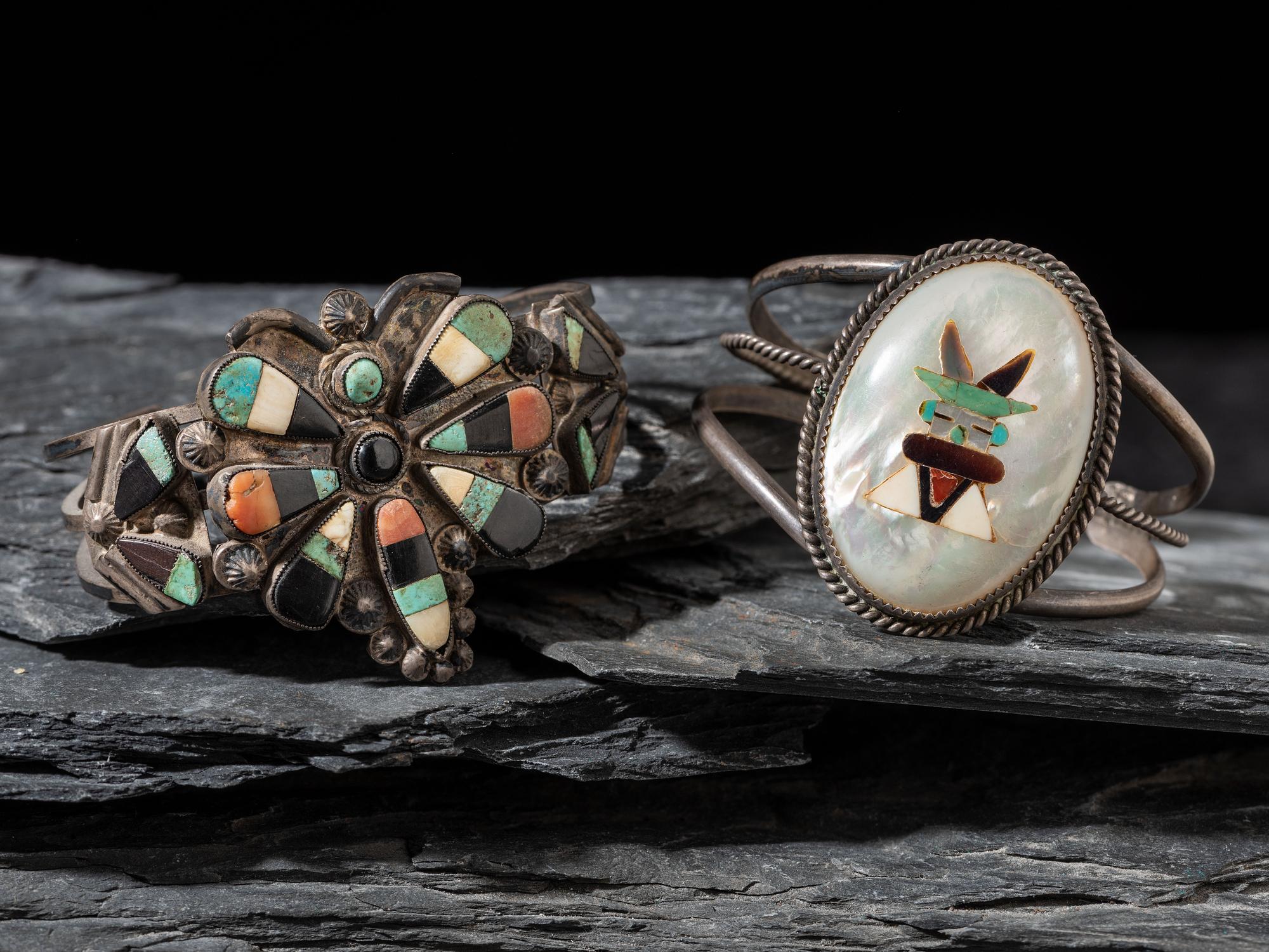 Pair of Zuni Mosaic Inlay Cuff Bracelets