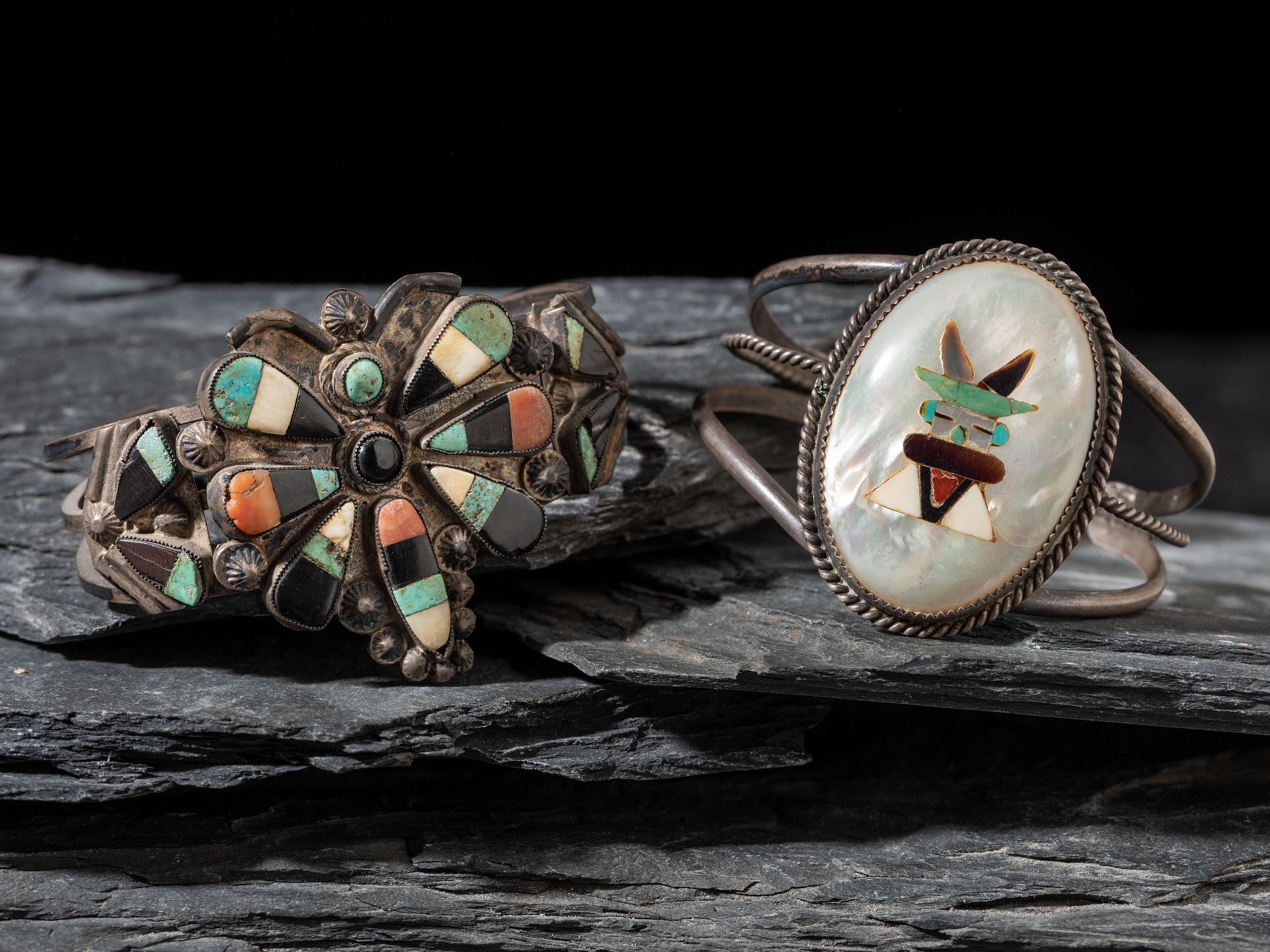Pair of Zuni Mosaic Inlay Cuff Bracelets