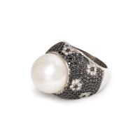 CULTURED SOUTH SEA PEARL, BLACK DIAMOND AND DIAMOND RING