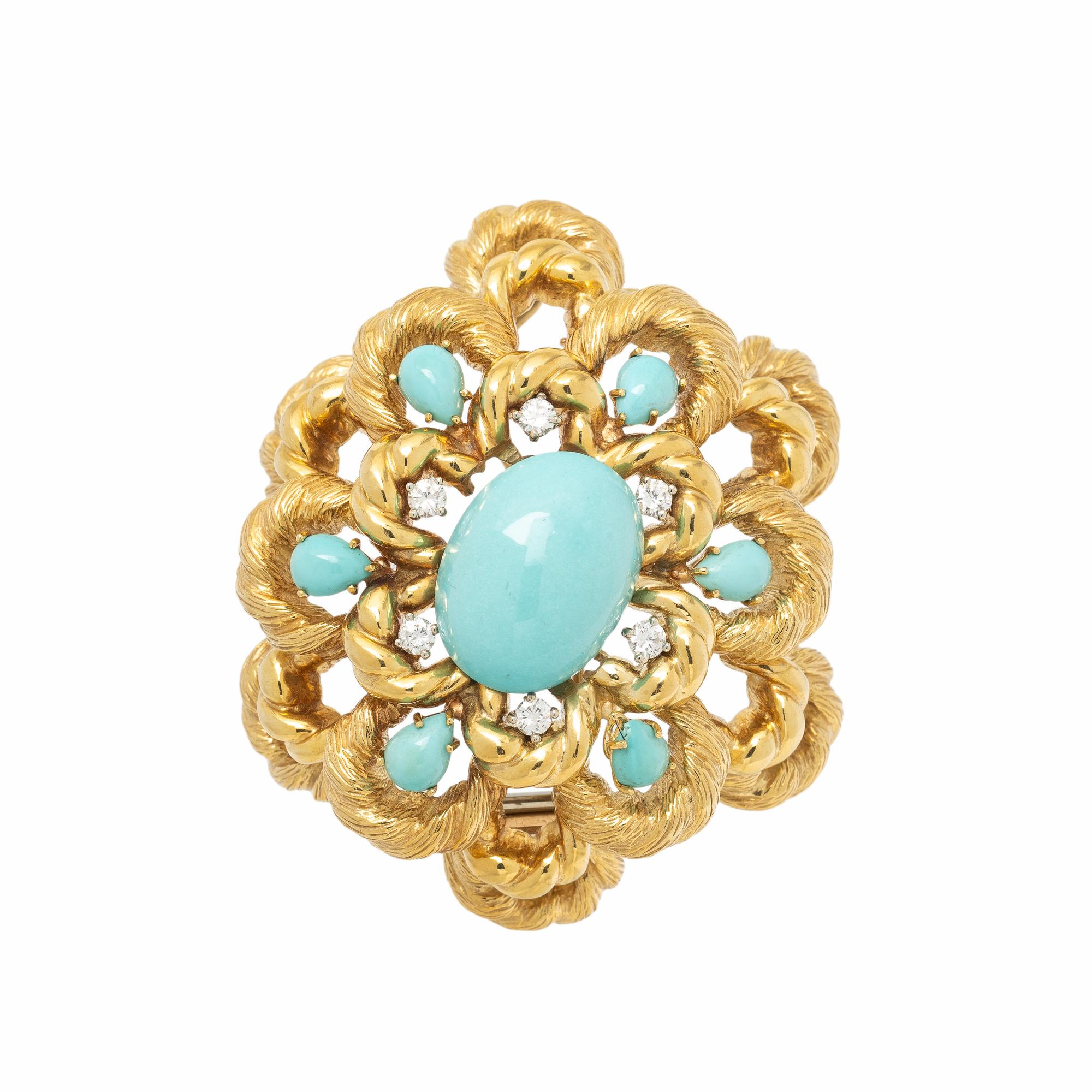 TURQUOISE, MULTIGEM, DIAMOND, AND YELLOW GOLD CONVERTIBLE PENDANT BROOCH