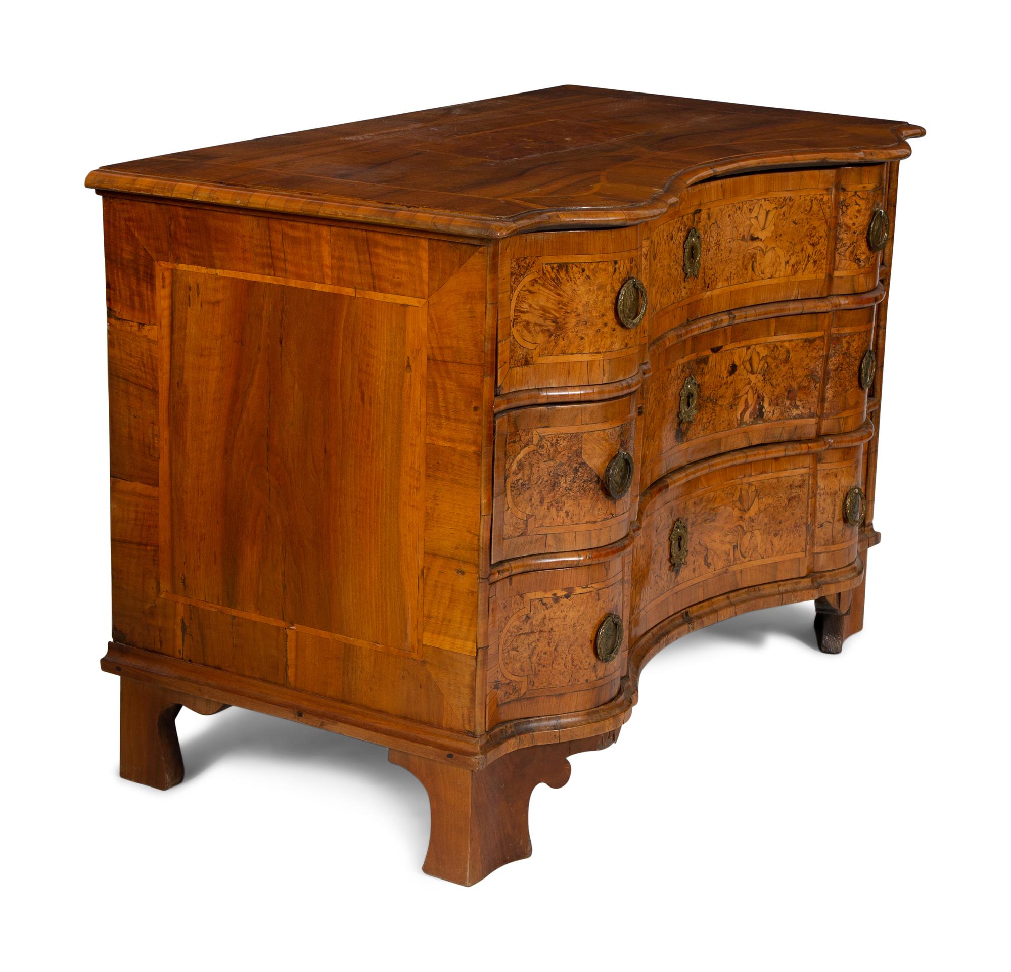 A German Baroque Burl Walnut Marquetry Serpentine Chest of Drawers