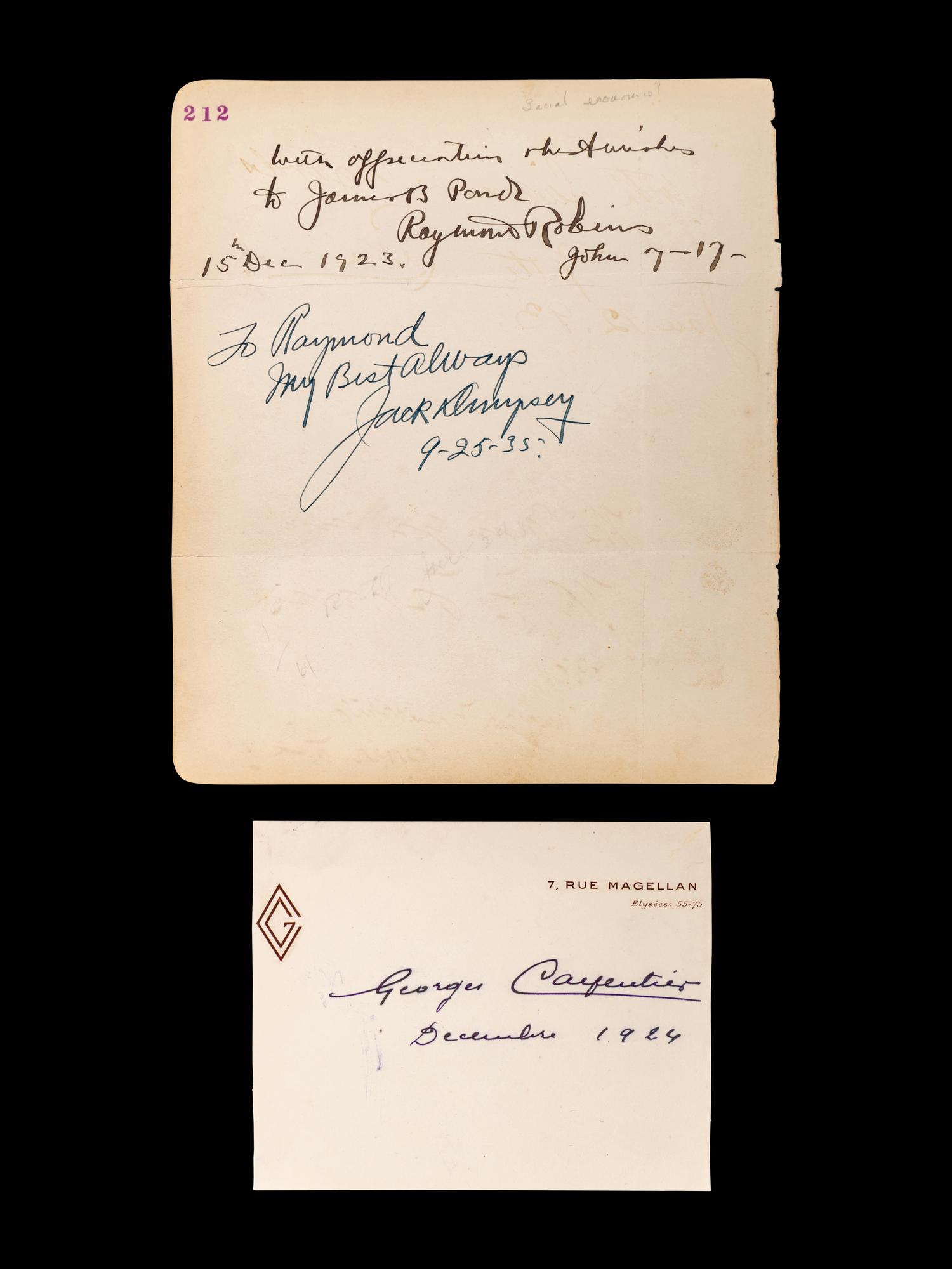 A Group of Jack Dempsey and Georges Carpentier Signed Autograph Items,