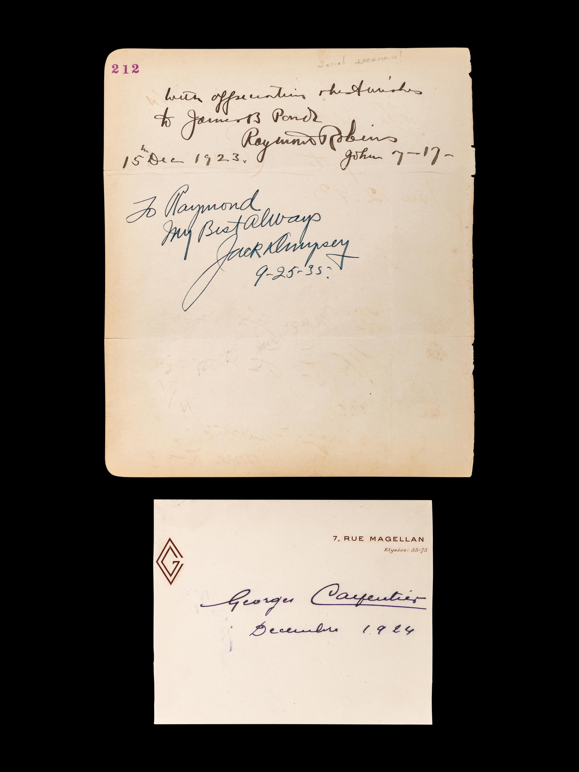A Group of Jack Dempsey and Georges Carpentier Signed Autograph Items,