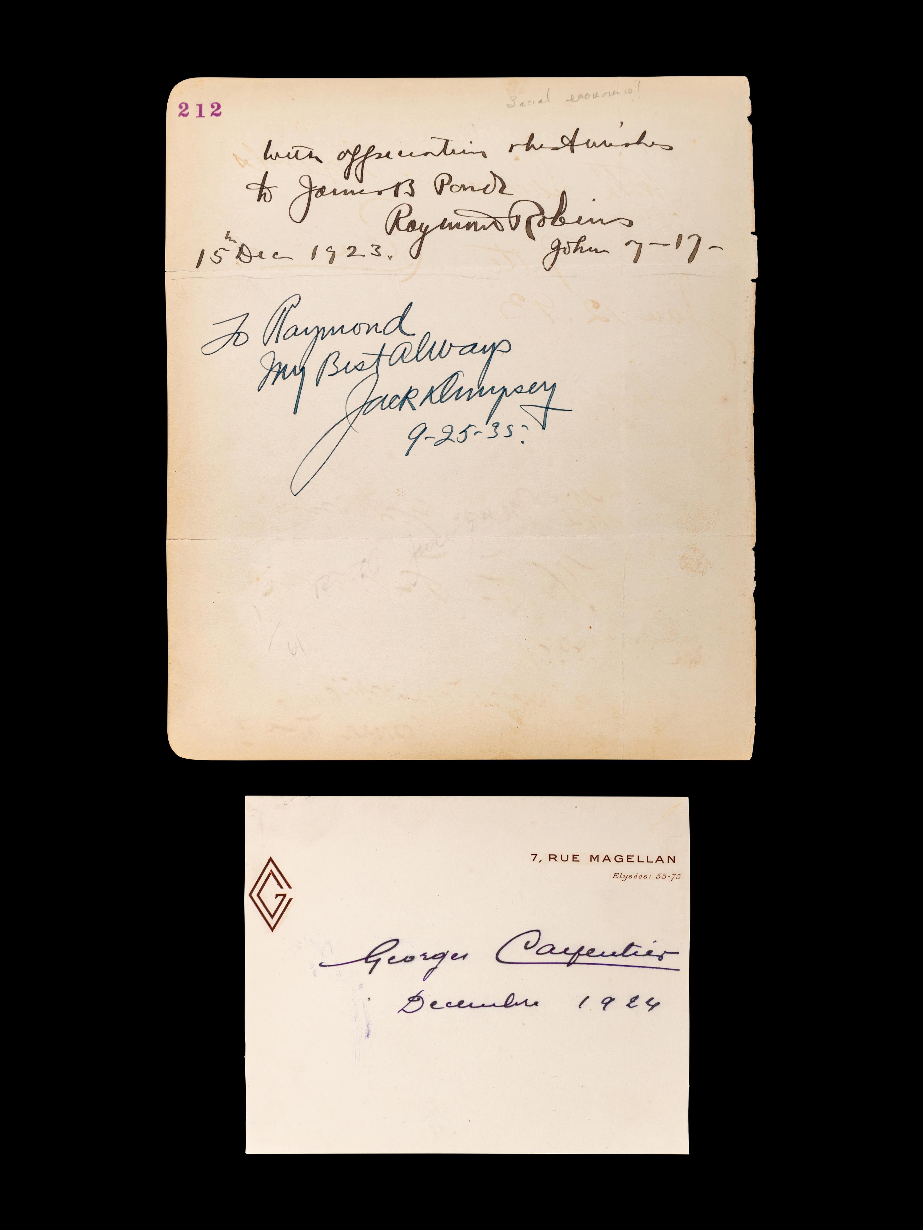 A Group of Jack Dempsey and Georges Carpentier Signed Autograph Items,