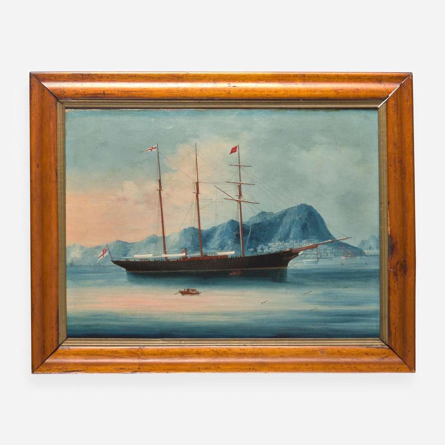 A China Trade painting of a British ship in the Harbor off Hong Kong 香港海上貿易畫