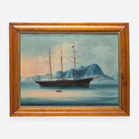 A China Trade painting of a British ship in the Harbor off Hong Kong 香港海上貿易畫
