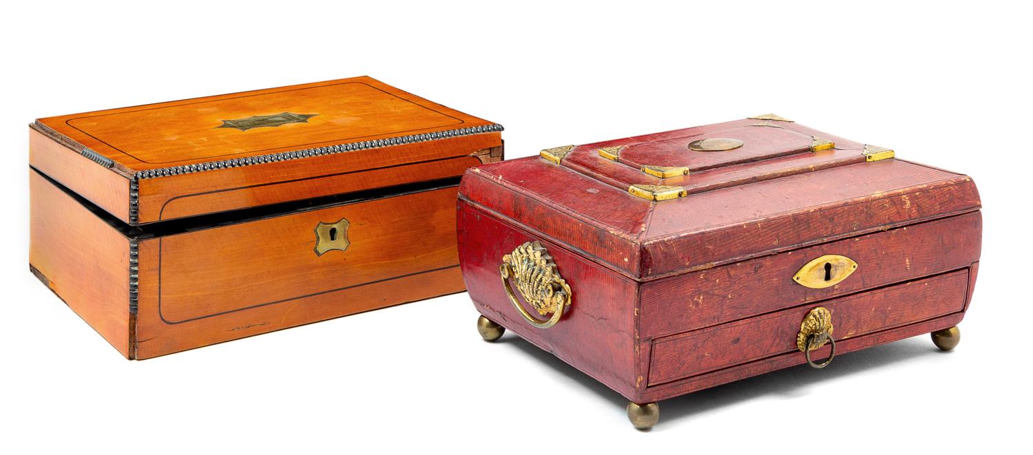 Two Regency Brass Inlaid Sewing Boxes Larger example: height 4 3/8 x width 11 x depth 8 inches. — 19TH CENTURY
