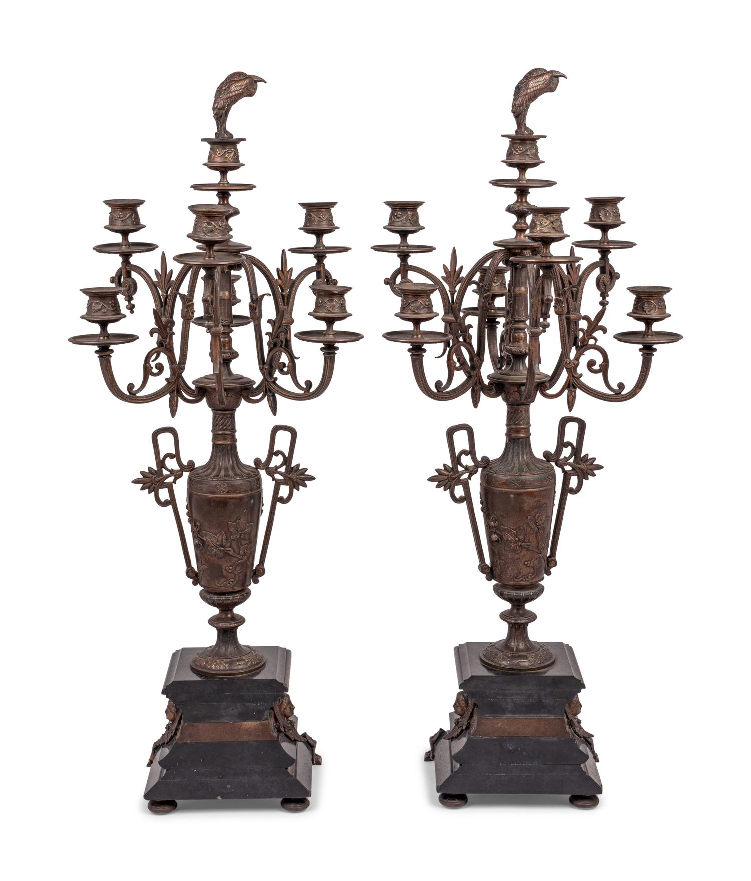 A Pair of French Bronze and Slate Six-Light Candelabra