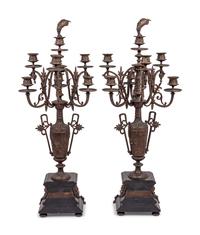 A Pair of French Bronze and Slate Six-Light Candelabra