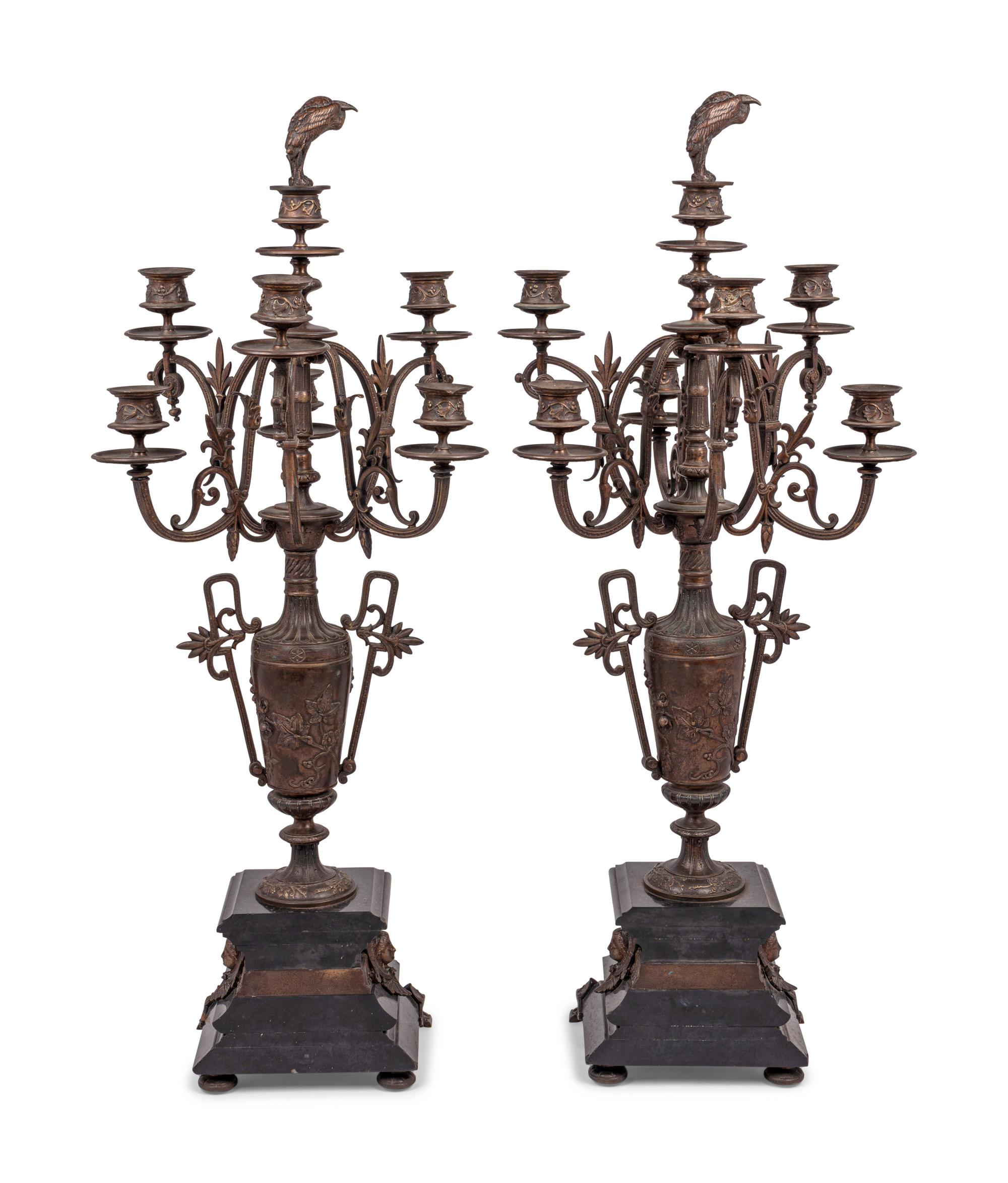 A Pair of French Bronze and Slate Six-Light Candelabra