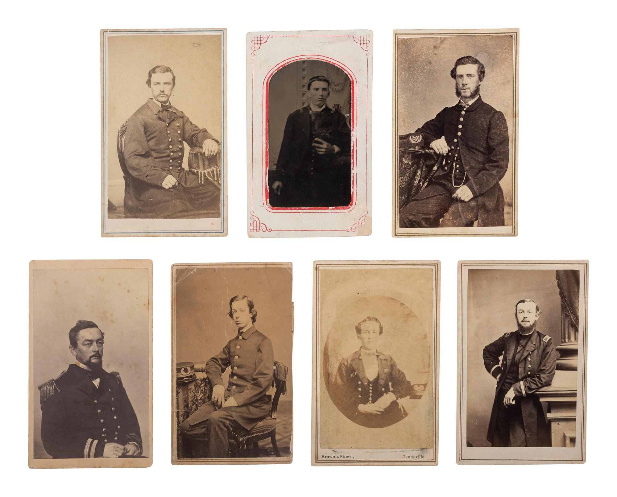 [CIVIL WAR]. A group of 7 photographs of unidentified naval officers, incl. 2 with Brown Water Navy imprints, comprising: