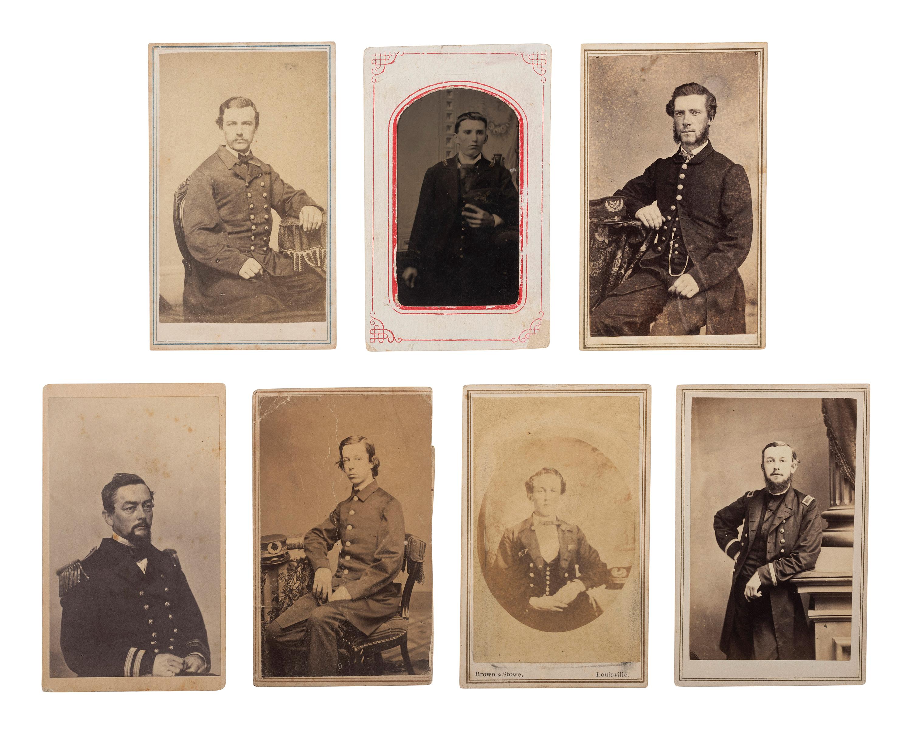 [CIVIL WAR]. A group of 7 photographs of unidentified naval officers, incl. 2 with Brown Water Navy imprints, comprising: