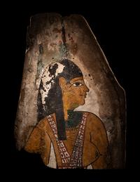 An Egyptian Polychrome Wood Fragment of a Sarcophagus with Isis
