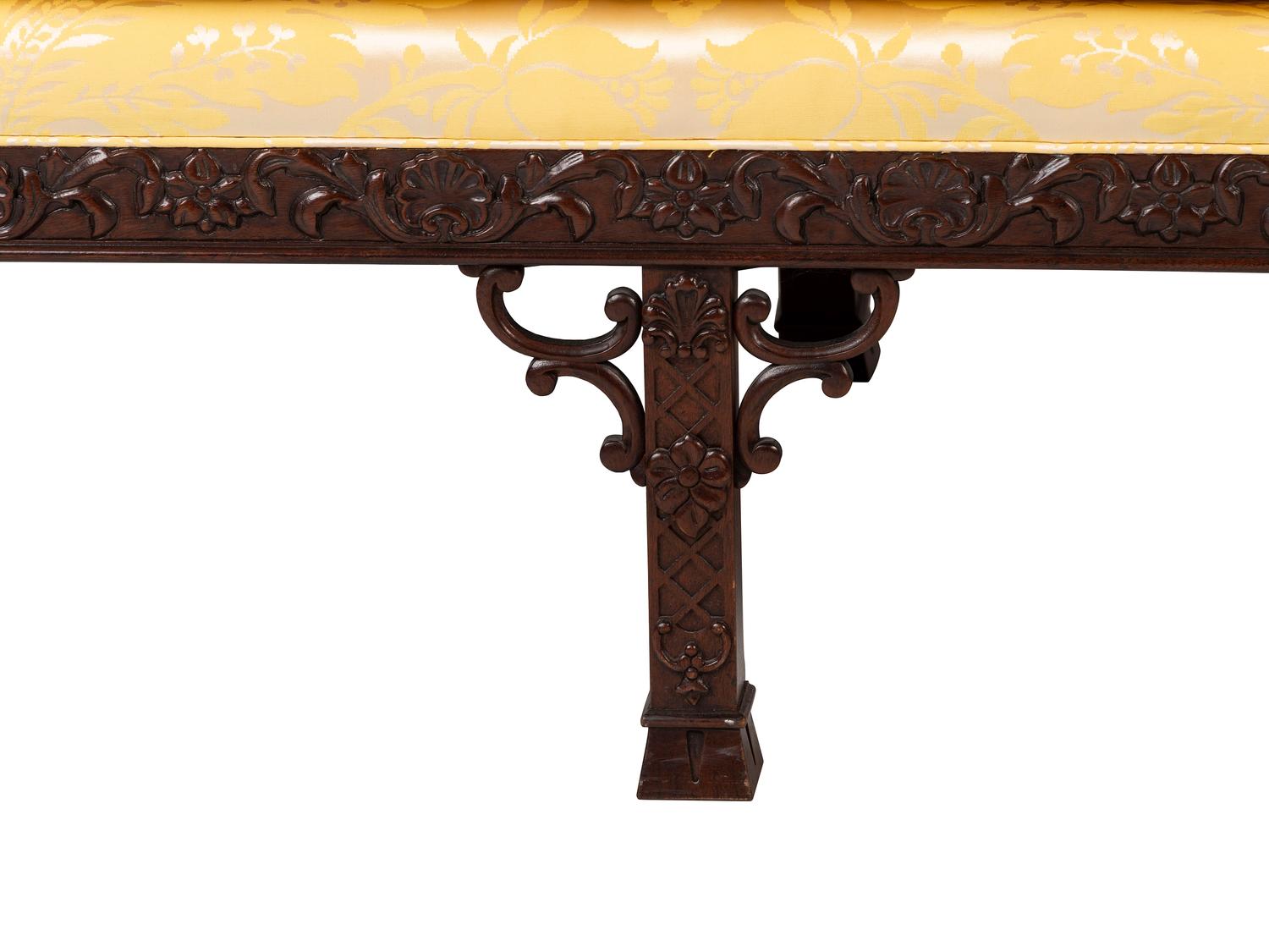 A Baker Chinese Chippendale Style Yellow Damask Upholstered Mahogany Settee