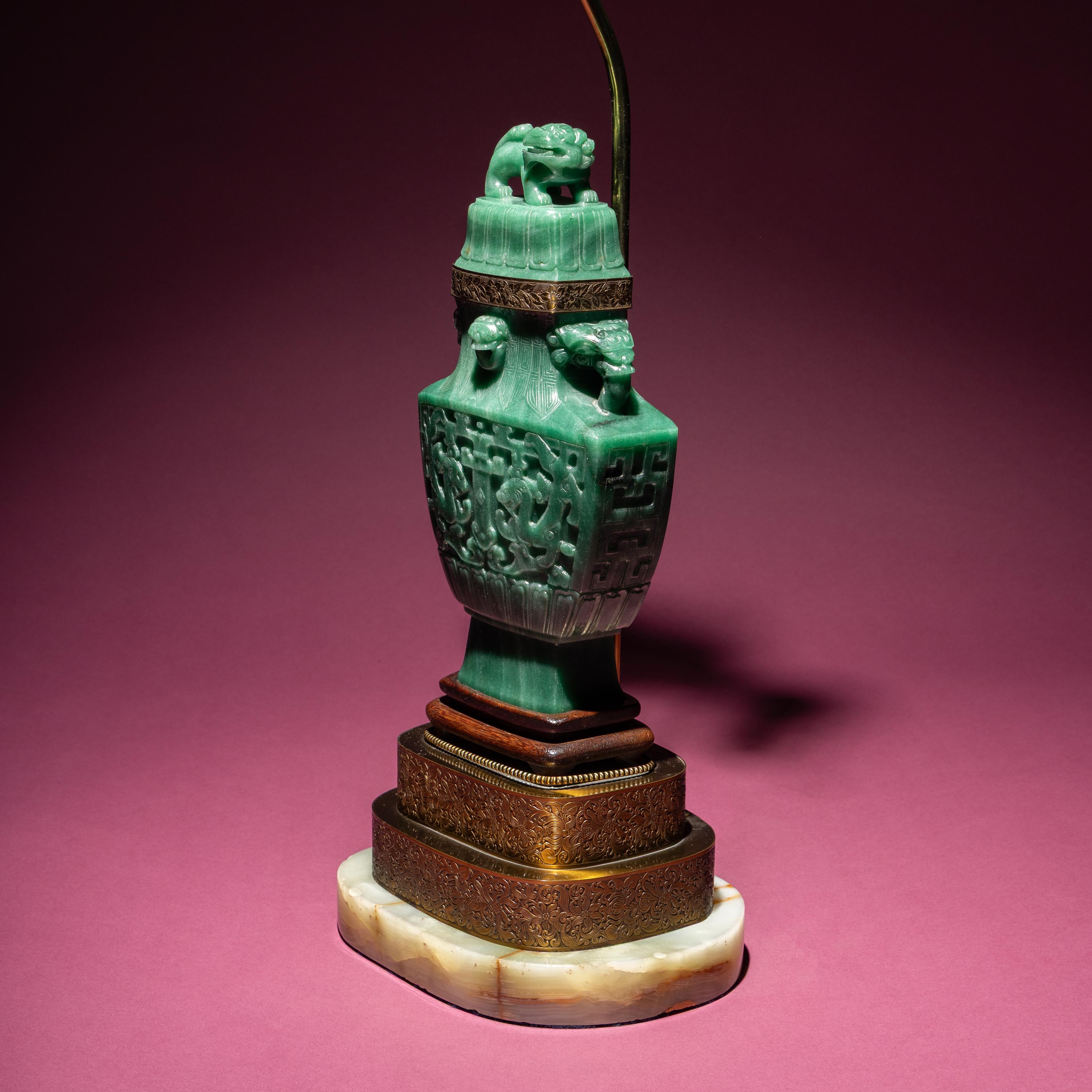 A Chinese Carved Aventurine Quartz ‘Chilong’ Covered Vase, 20th Century — 近代 東陵玉雕螭龍紋賞瓶