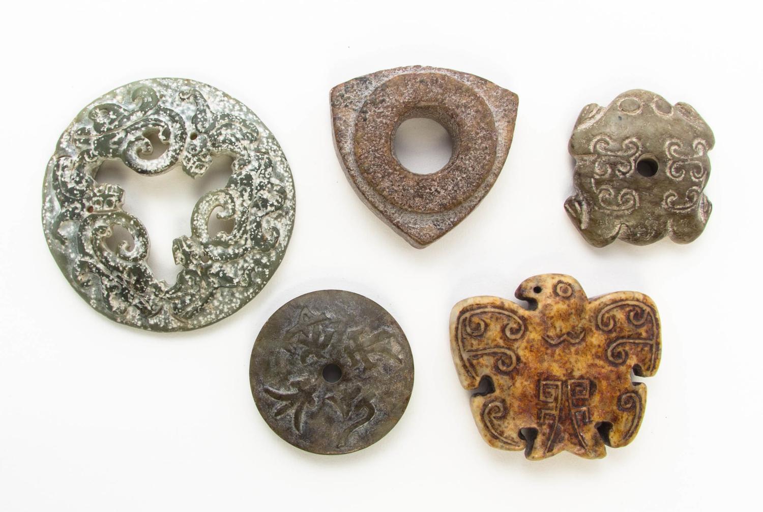 A Group of Five Carved Hardstone Articles Diameter of largest 3 1/4 inches.