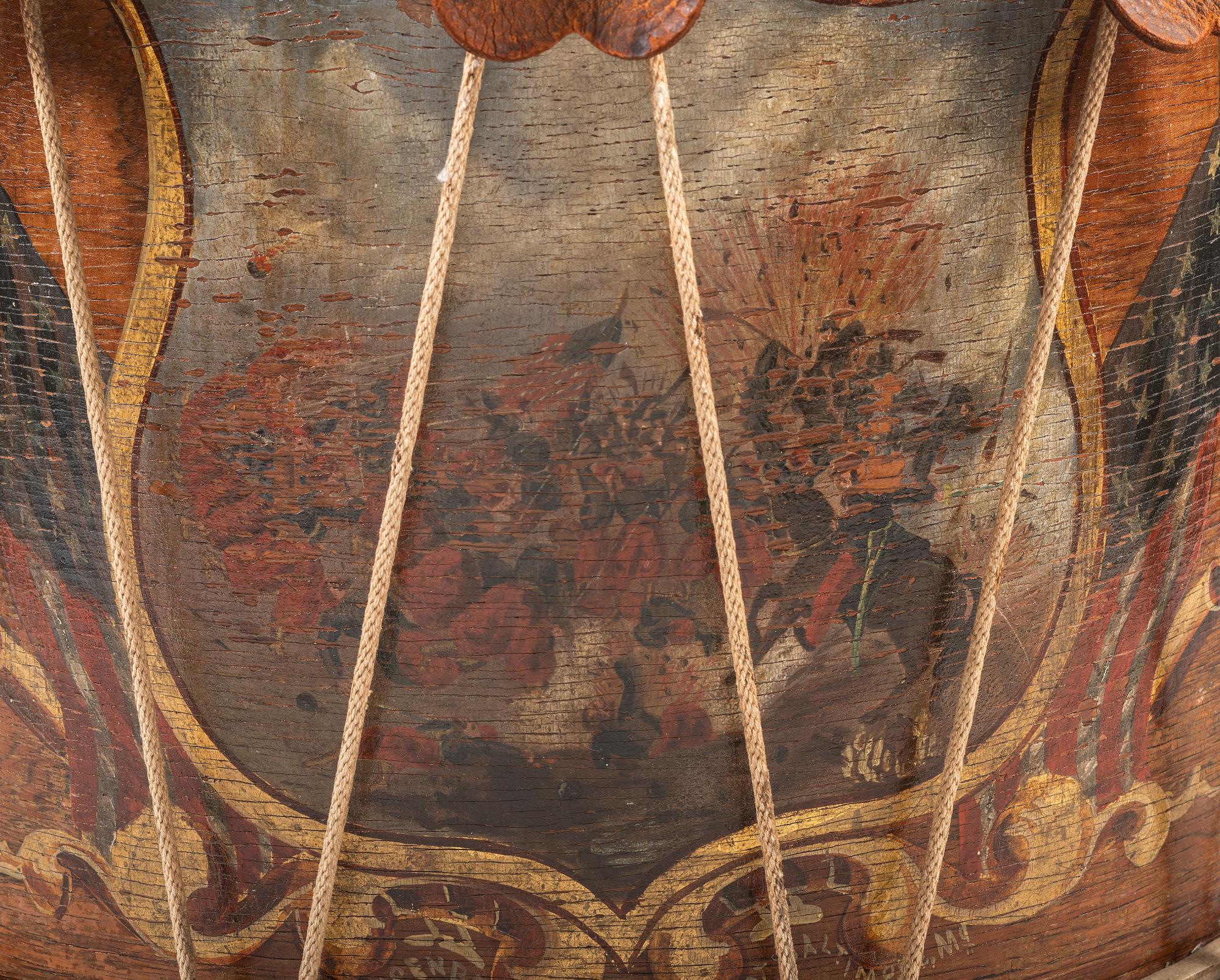 [CIVIL WAR]. Hand-painted snare drum depicting Zouaves in battle. Manufactured by C.H. Eisenbrandt, Baltimore, MD, ca 1860-1865.