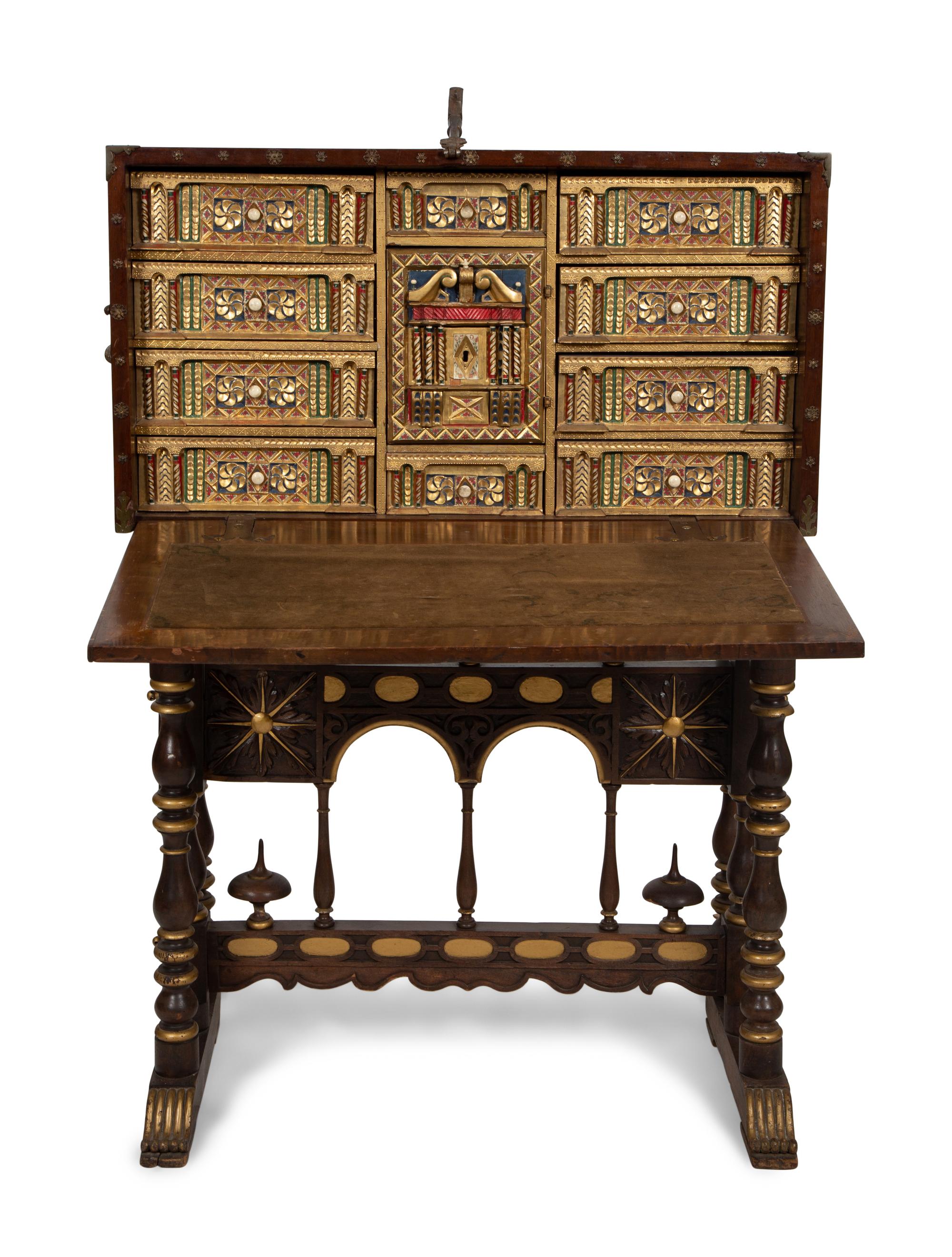 A Spanish Renaissance Style Walnut Vargueno on Later Stand