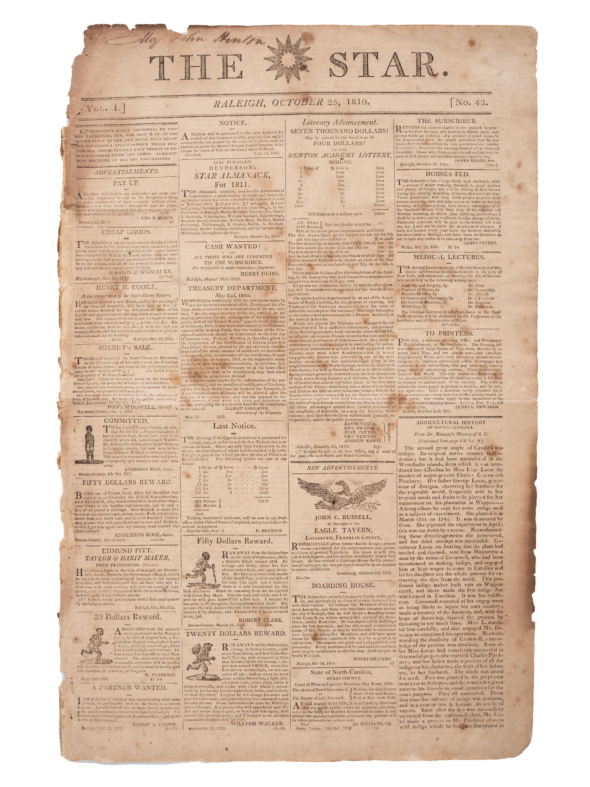 [SLAVERY & ABOLITION]. The Star . Vol. I, No. 43. Raleigh, NC: Thomas Henderson, 25 October 1810.
