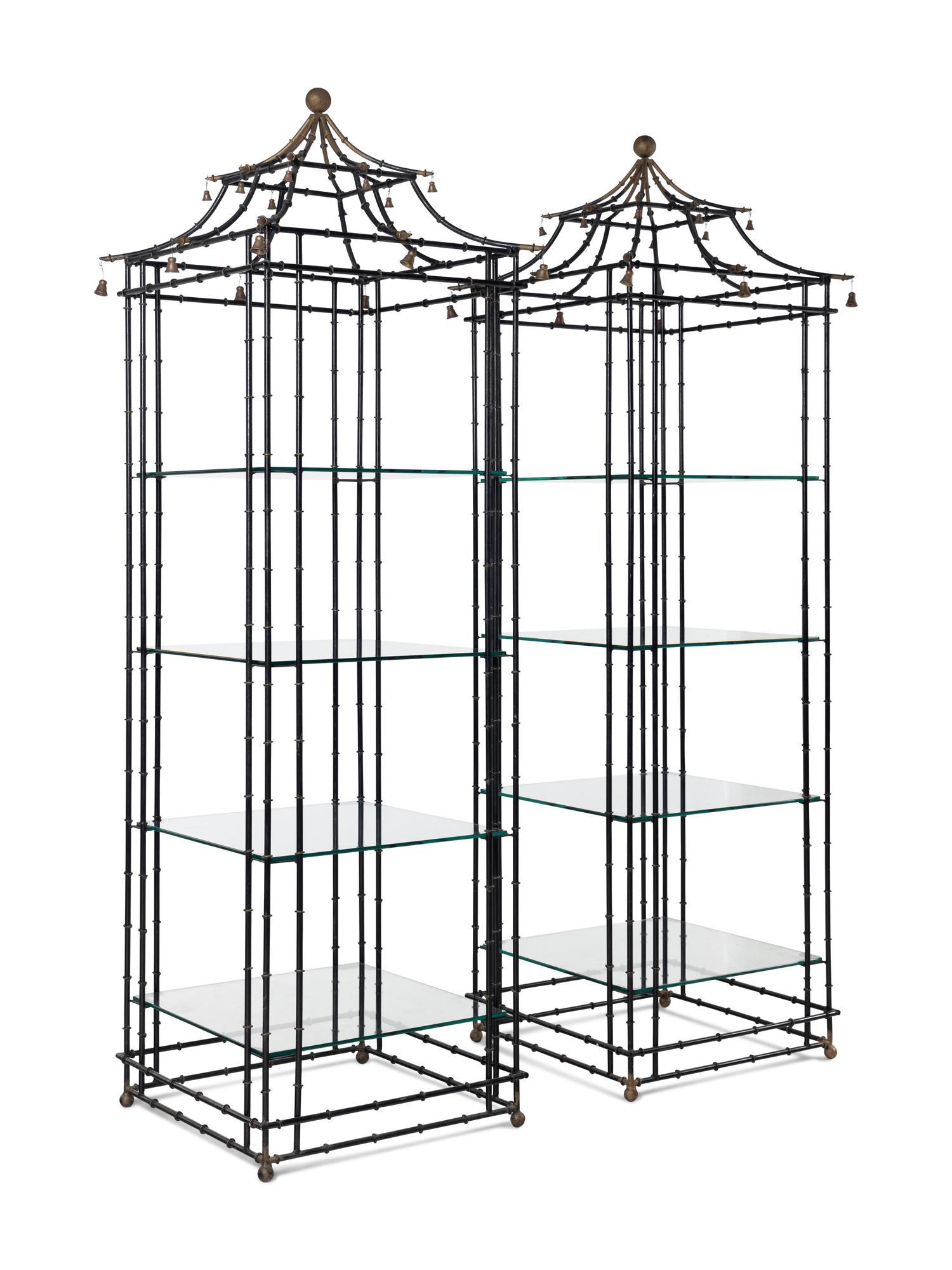 A Pair of Painted Metal Pagoda-Form Etageres