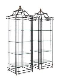 A Pair of Painted Metal Pagoda-Form Etageres