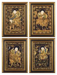 A Set of Four Chinese "Luohan" Needlework Panels, Guangxu Period 清光緒 金絲繡羅漢圖一組四件