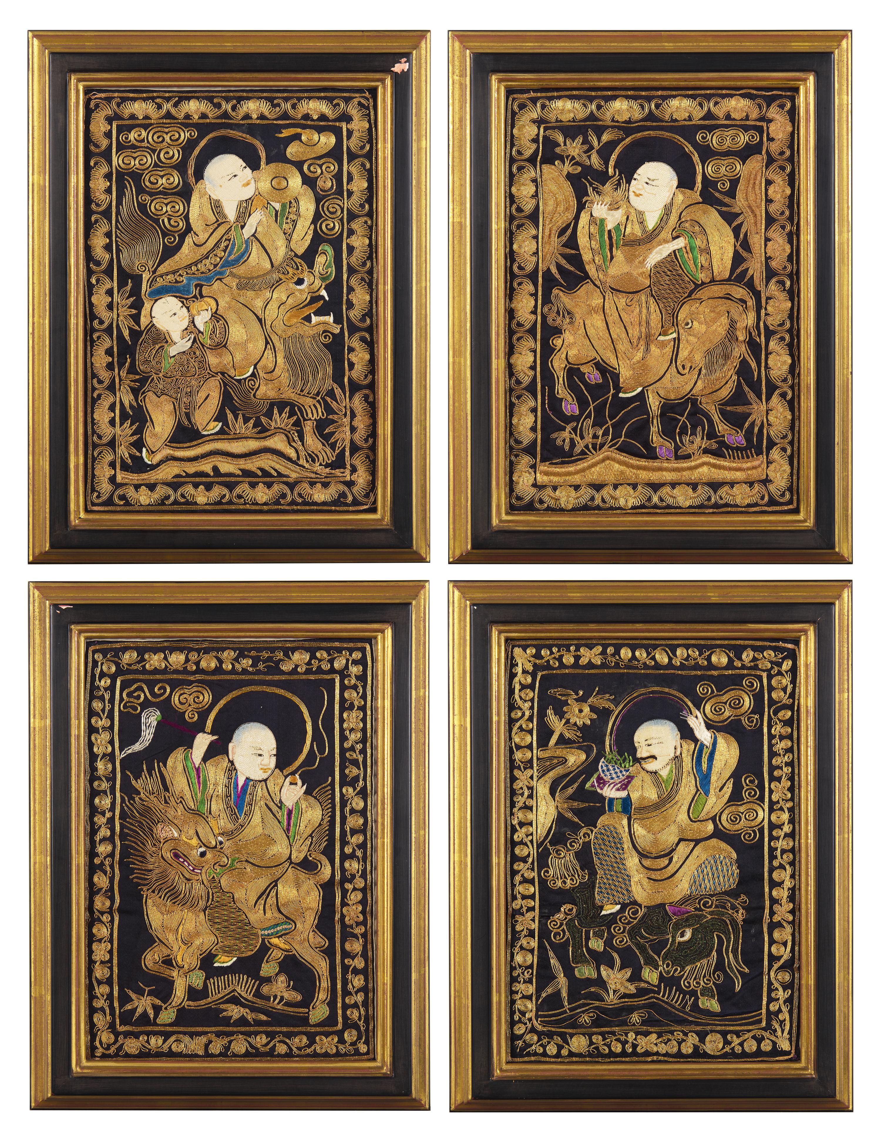 A Set of Four Chinese "Luohan" Needlework Panels, Guangxu Period 清光緒 金絲繡羅漢圖一組四件