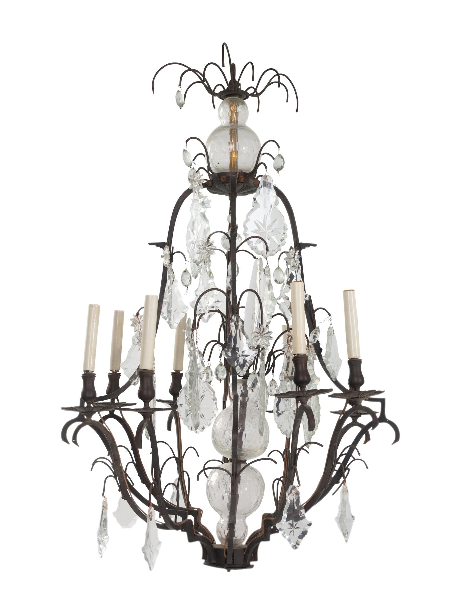 A Continental Cast Metal and Cut Glass Eight-Light Chandelier