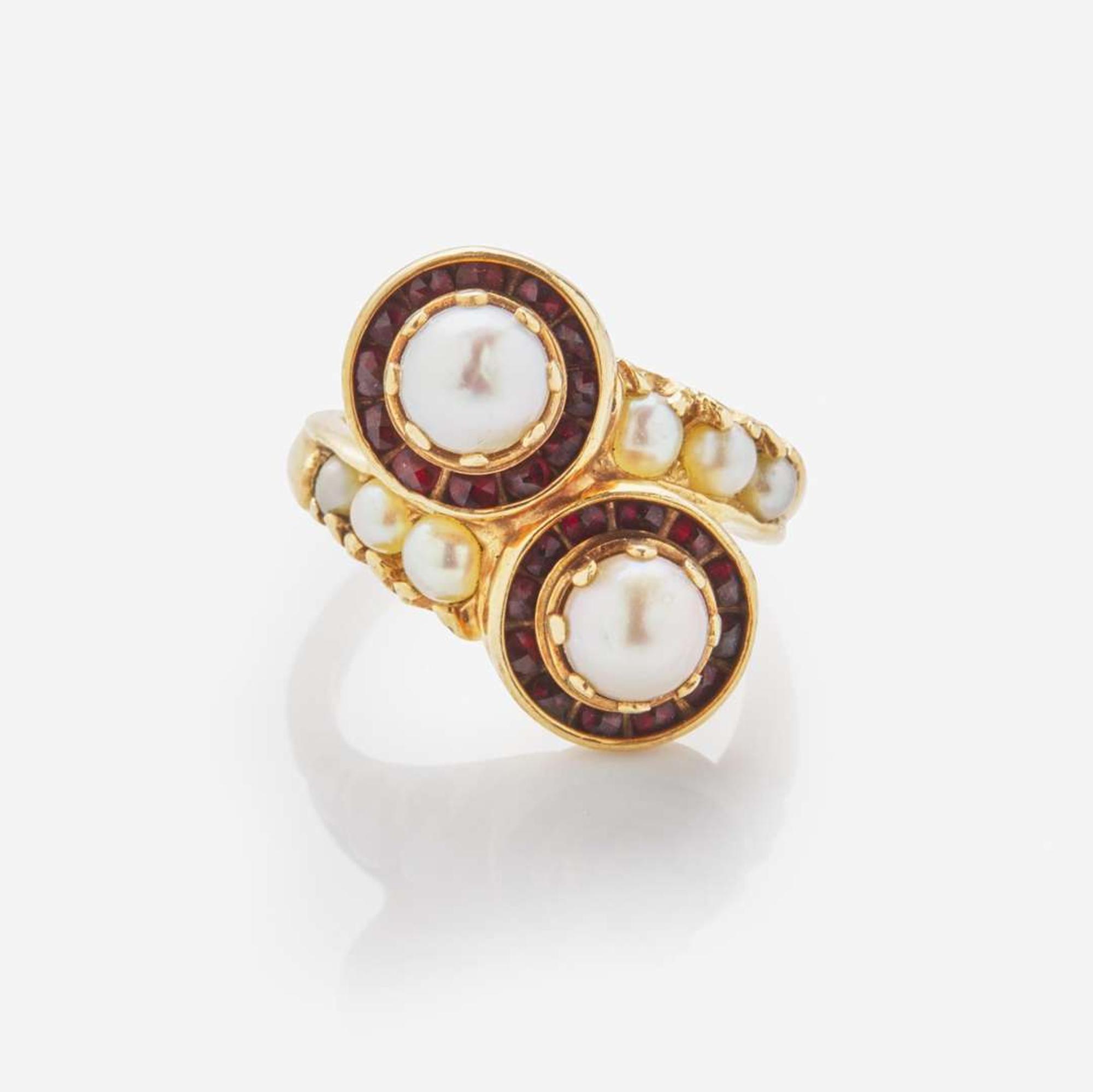 A 14K Yellow Gold, Garnet, and Pearl Ring Victorian