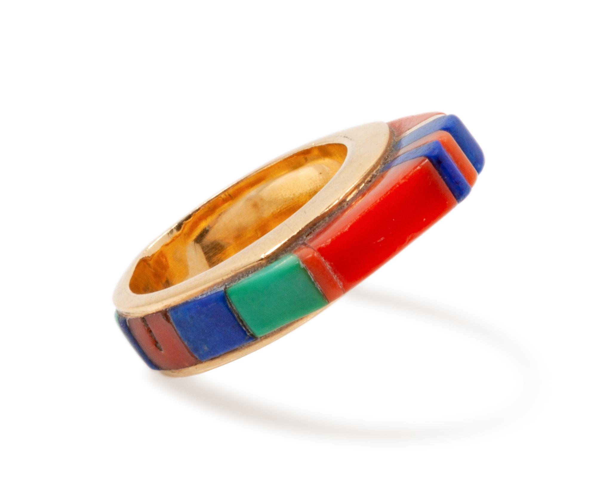 14k Gold Ring with Turquoise, Coral, and Lapis Inlay