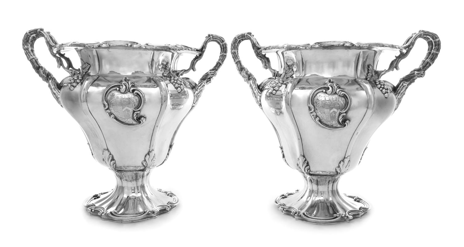 A Pair of Victorian Silver-Plate Wine Coolers, T & J Creswick, Sheffield, 19th Century, each of ribbed baluster form, the rim worked wi