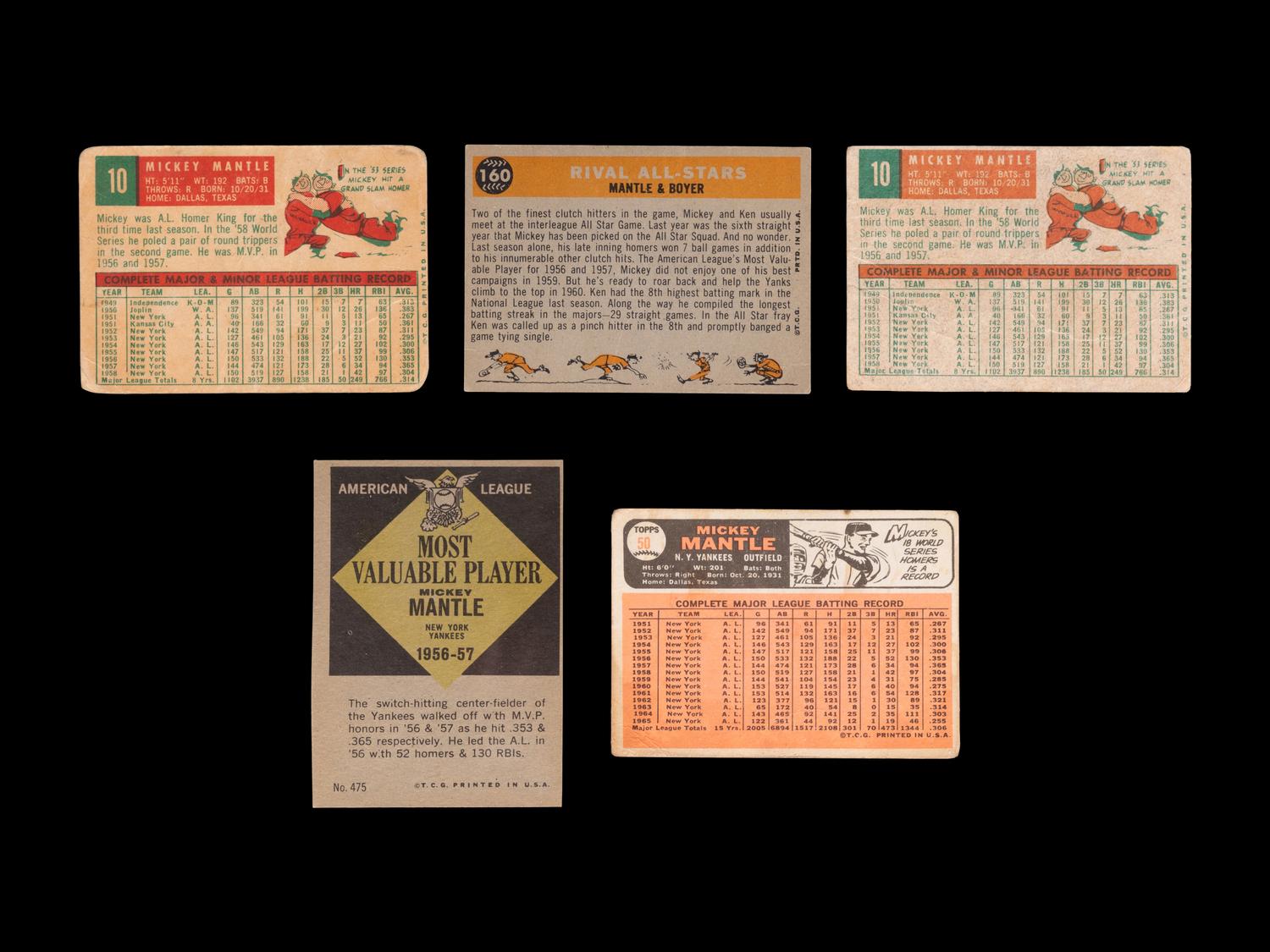 A Group of Five 1950s-60s Mickey Mantle Topps Baseball Cards,
