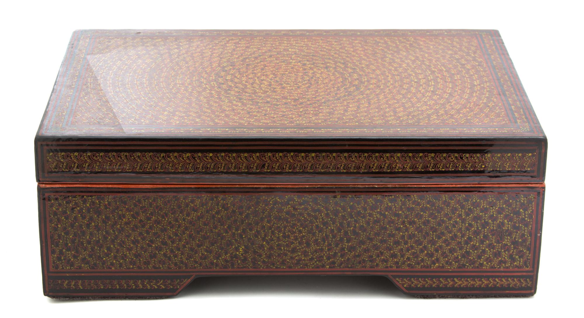 A Burmese Black Lacquer Box Height 6 1/2 x width 18 x depth 12 inches. — 20TH CENTURY