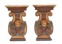 A Pair of Italian Carved and Polychromed Wood Wall Brackets Height 18 1/2 inches. — 19TH CENTURY