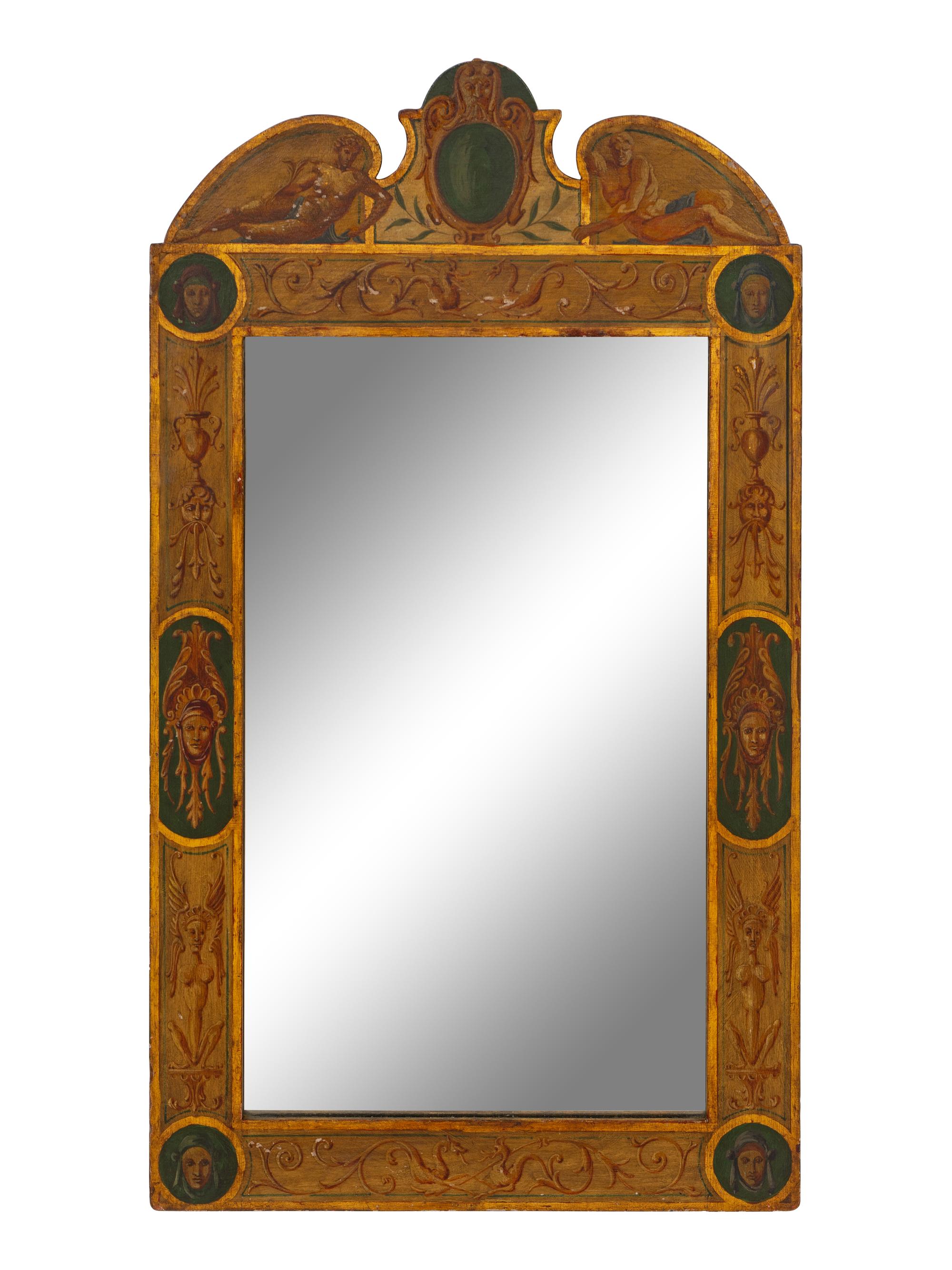 An Italian Neoclassical Polychrome Decorated and Parcel Gilt Mirror